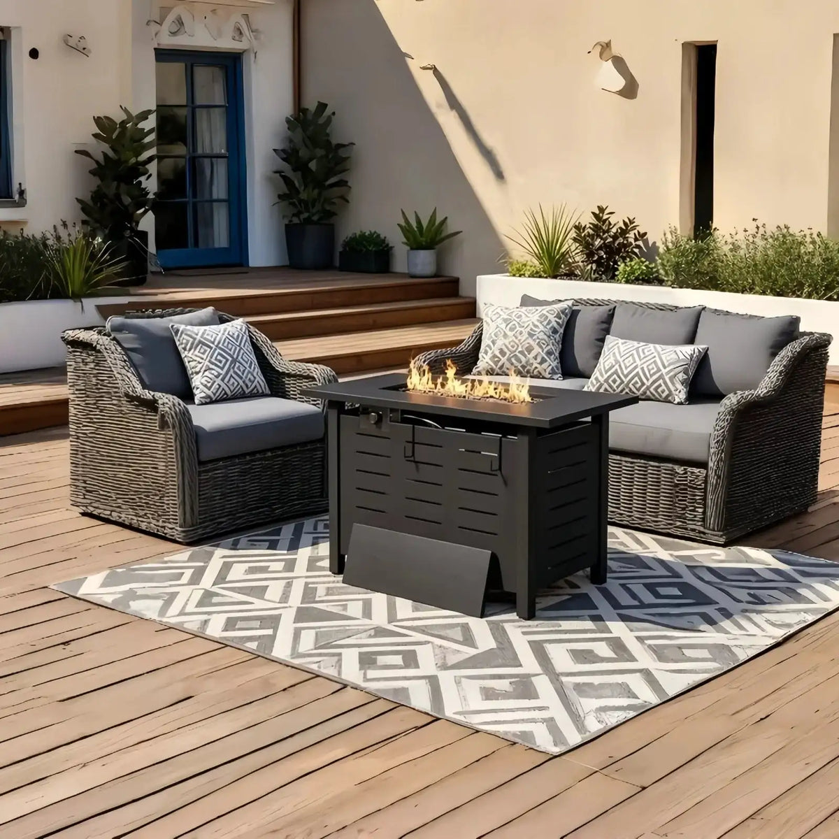 Outdoor Propane Fire Pit 50000 BTU Gas Fire Pit Table With Lava Rocks Patio Heater Rectangle Fire Table With Removable Lid And Waterproof Cover For Deck Backyard Garden Black