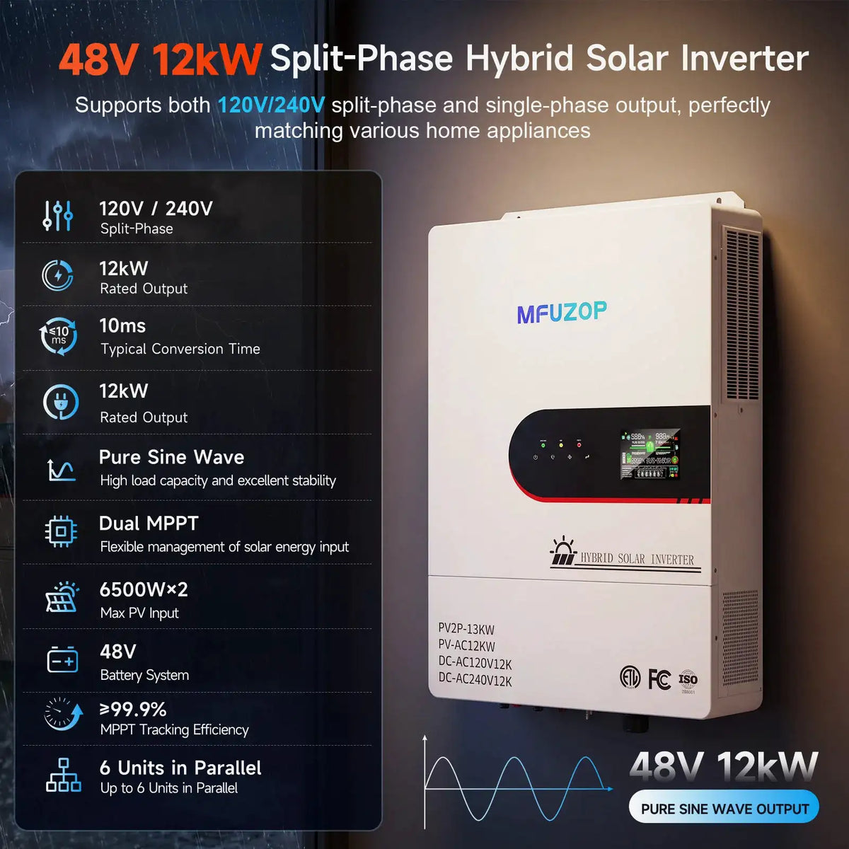 MFUZOP 48V 12000W Split Phase Hybrid Solar Inverter, 120V/240V Pure Sine Wave, Dual MPPT, 6500W X 2, RS485/RS232, Home Energy Storage & Emergency Backup, US Warehouse Fast Delivery