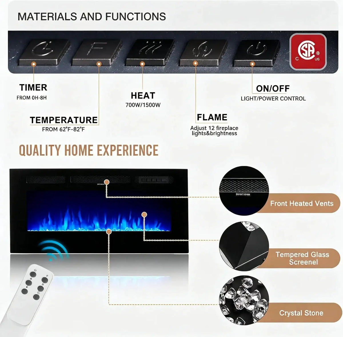 36 Inch Electric Fireplace LED Heater 12 Flame Settings Realistic 12 Color Flame Adjustable Timer Touch Screen Remote Control Crystal Stone 750 1500W
