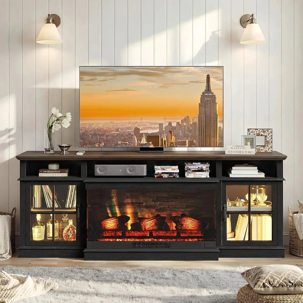 Aoxun 70 Inch Farmhouse TV Stand with Electric Fireplace Media Entertainment Center with LED Lights and Glass Door for Living Room Fits TVs up to 80 Inches Black