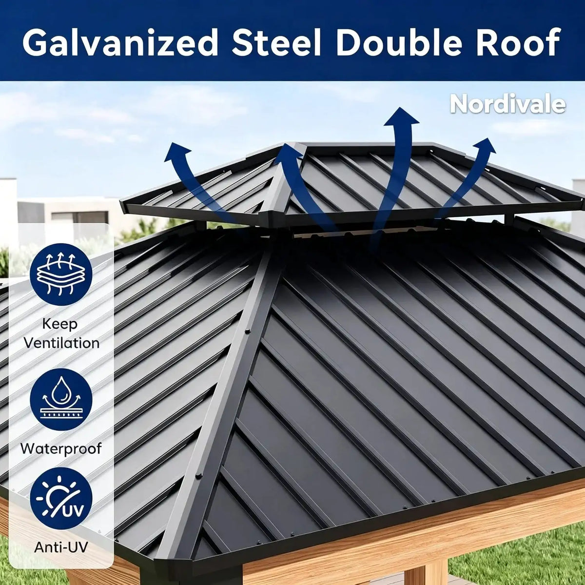 Nordivale 10x12Ft Hardtop Fragrant Fir Wood Gazebo Double Roof Galvanized Steel Outdoor Patio Deck Pavilion Permanent Structure