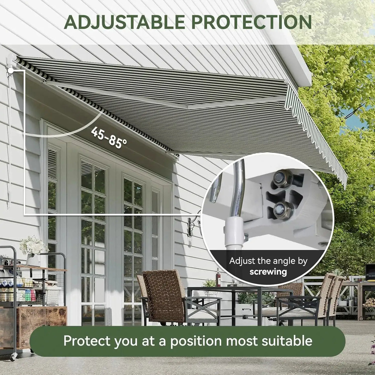 Nordivale 12x10FT Manual Retractable Awning Outdoor Patio Sun Shade Canopy Waterproof Polyester PA Coated Fabric with Crank Handle for Backyard Deck Window Green and White Striped