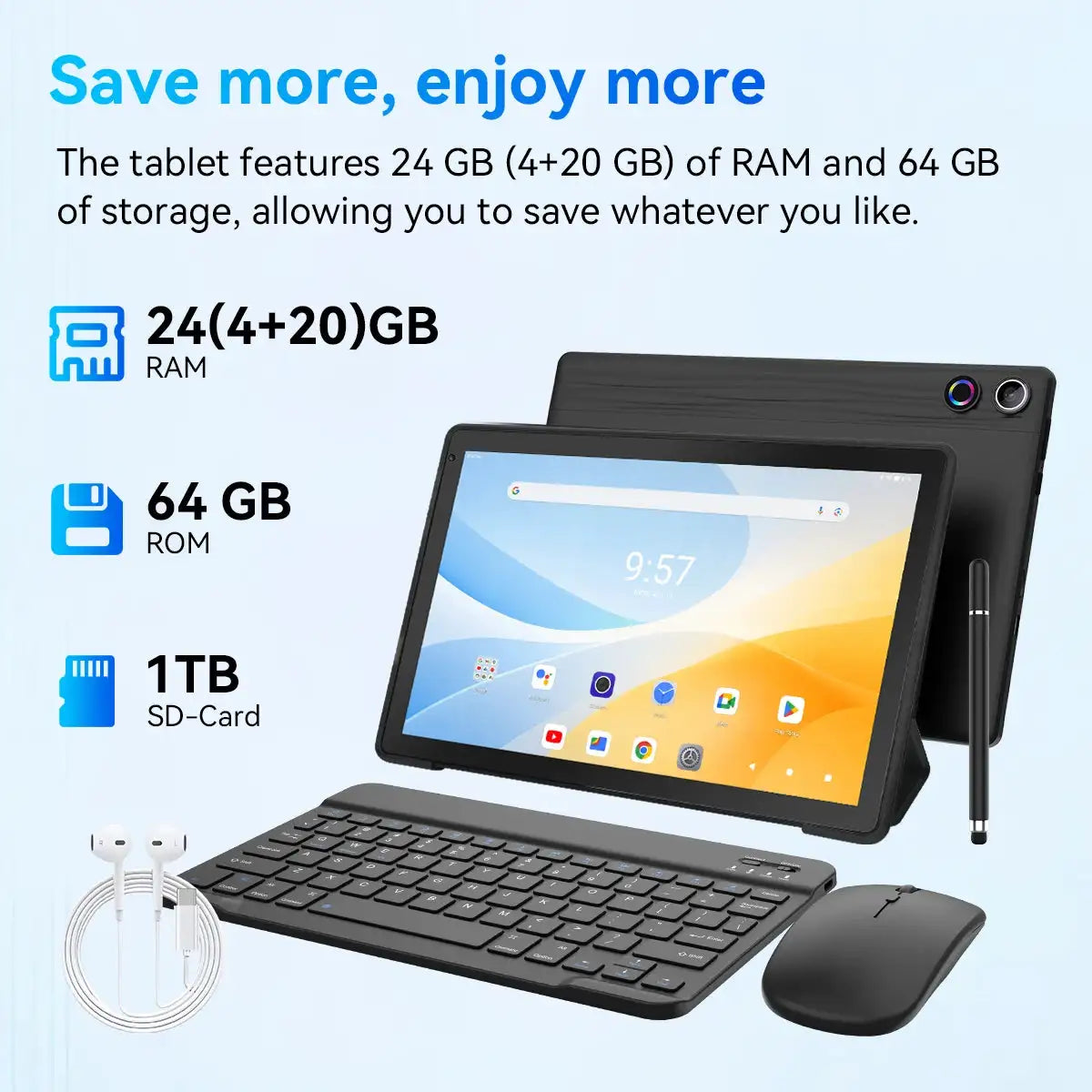2026 Best New KB10L 10.1 Inch HD Tablet PC Android16‑Go 5‑Core A333 CPU 24GB(3GB+21GB Virtual RAM) 64GB ROM 6000mAh Widevine L1 WiFi6 Bluetooth5.4 Full Accessories Bundle