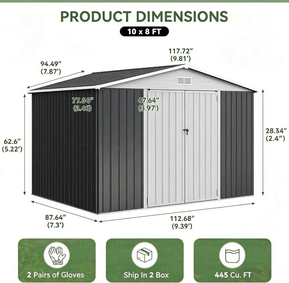 9.4x7.3ft Triple Door Outdoor Storage Shed Black Metal Storage Cabinet With Sloping Roof For Tools Bicycles Storage For Garden Patio Backyard