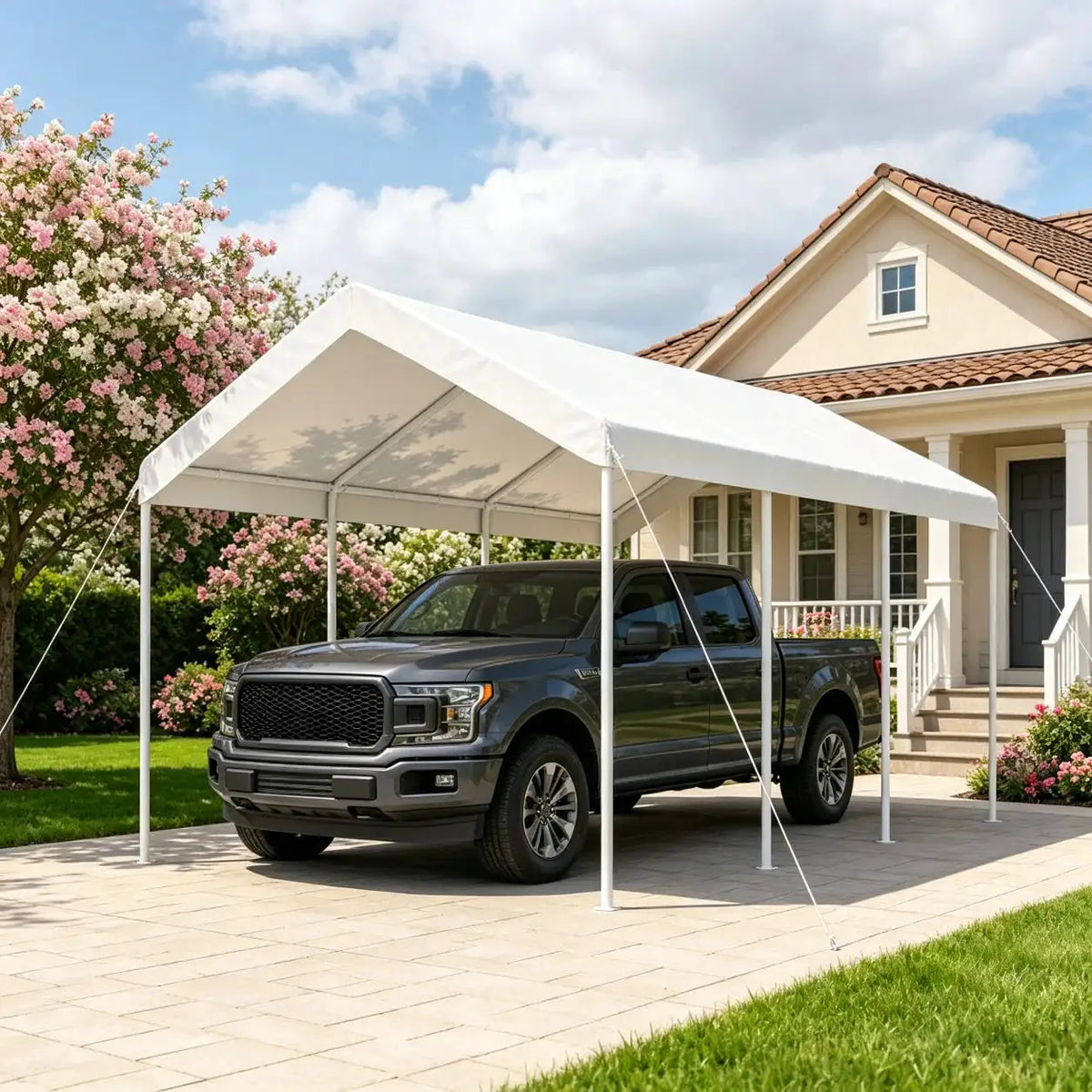 10x20FT Heavy Duty Carport Portable Garage Car Canopy Outdoor Car Tent for Cars Boats Trucks Steel Frame All Weather Protection Stakes Ropes Included White