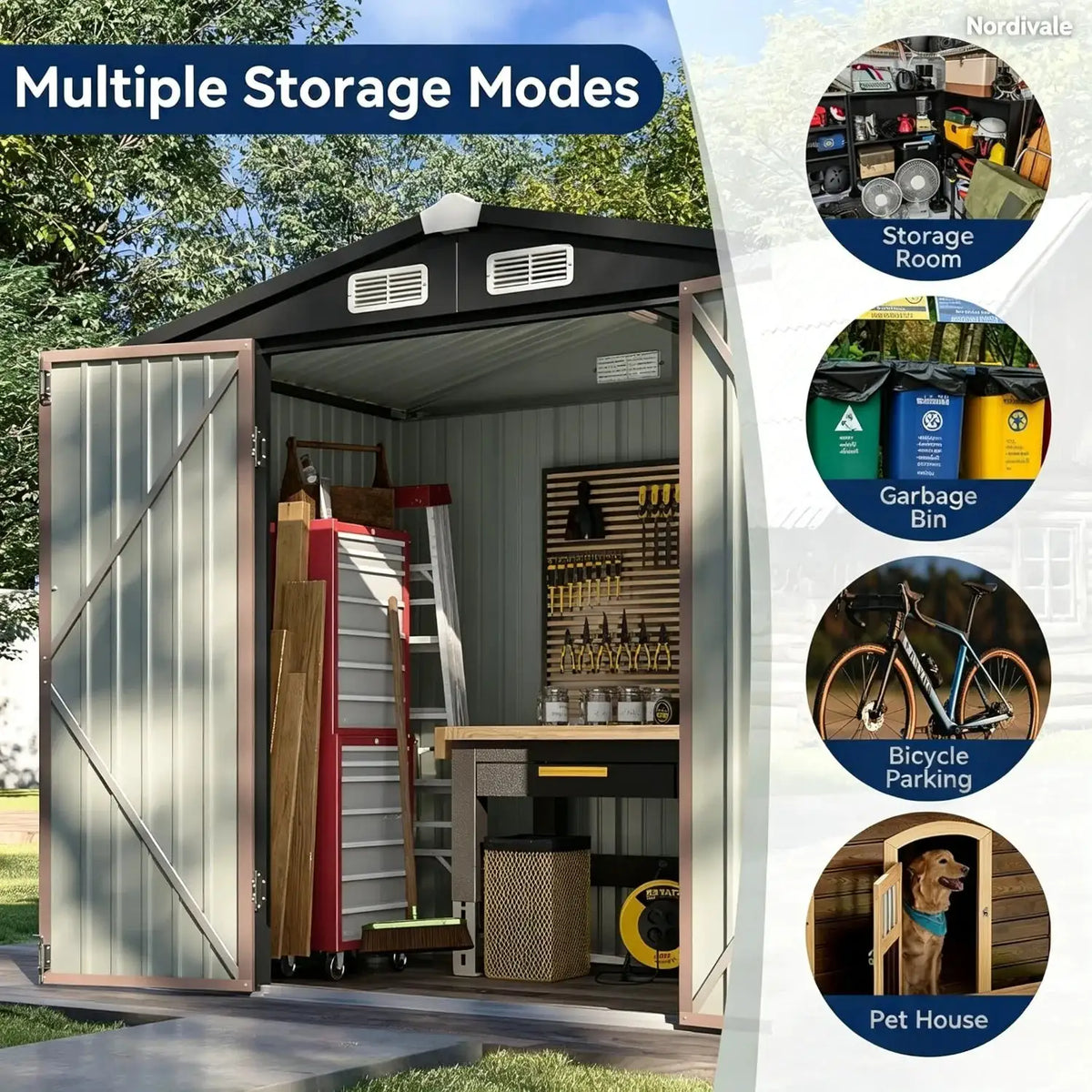 Nordivale 6x4FT Metal Garden Storage Shed Lockable Outdoor Tool Shelter with Sloping Roof for Backyard Patio Brown