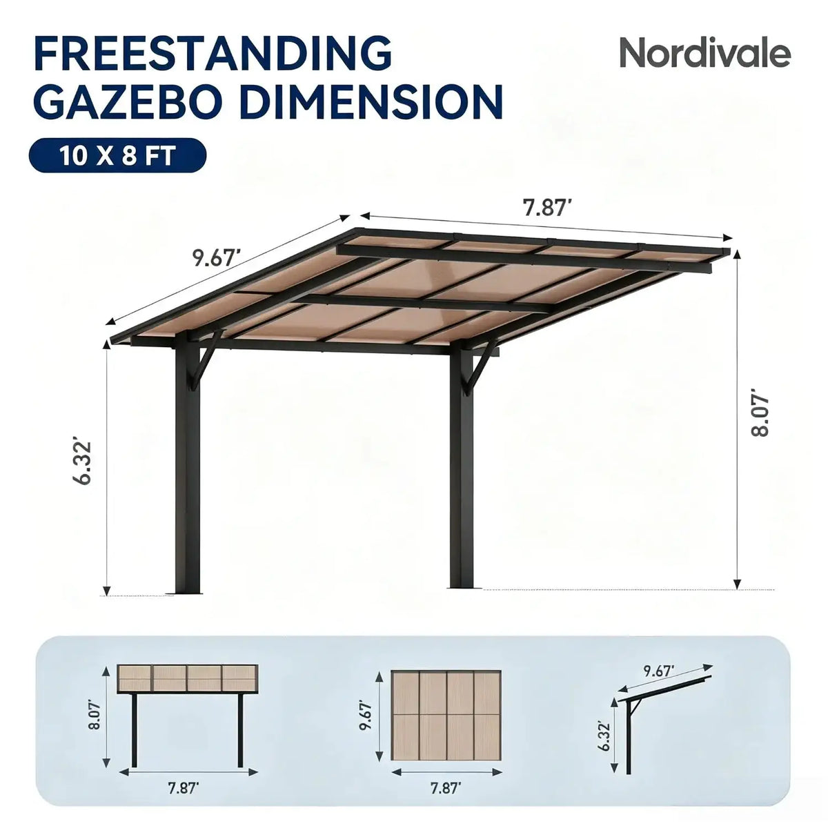 Nordivale 8x10ft Hard Top Gazebo Freestanding Metal Pergola With 4.72 Inch Thick Support Posts Heavy Duty Outdoor Carport Shelter For Patio Backyard