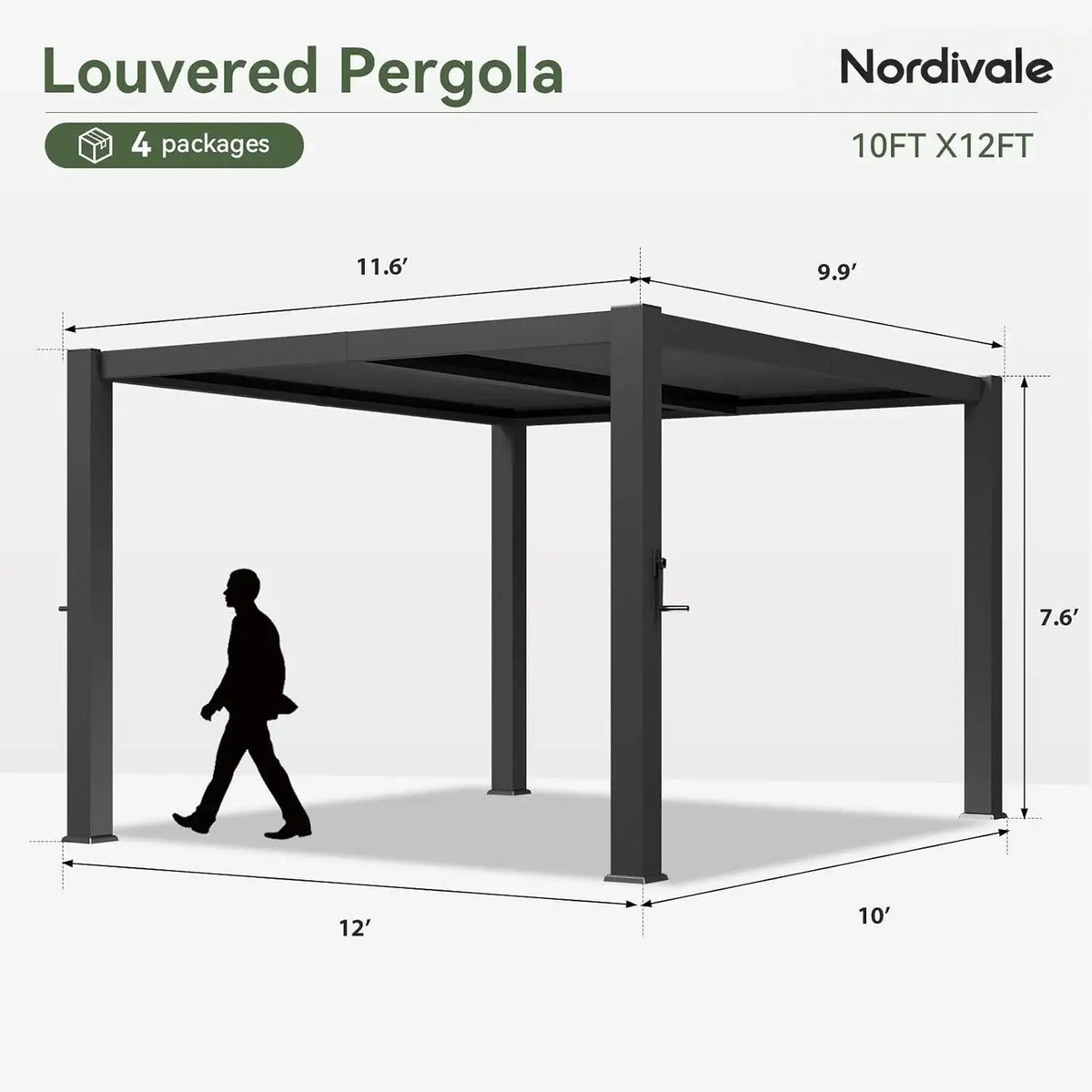 Nordivale 10x12FT Outdoor Metal Louvered Pergola Gazebo with Adjustable Roof for Decks Gardens and Backyards Gray