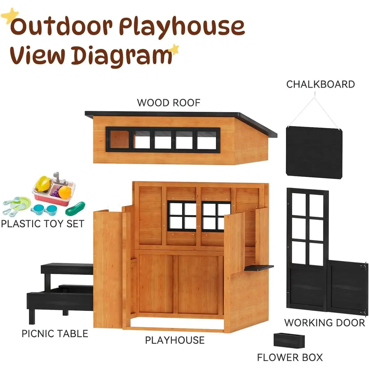 Nordivale Outdoor Playhouse Modern Fir Wood Kids Backyard Garden House with Play Kitchen Table Chalkboard Half Door Windows Flower Box Indoor Imaginative Pretend Play Toys for Boys Girls Ages 3-8