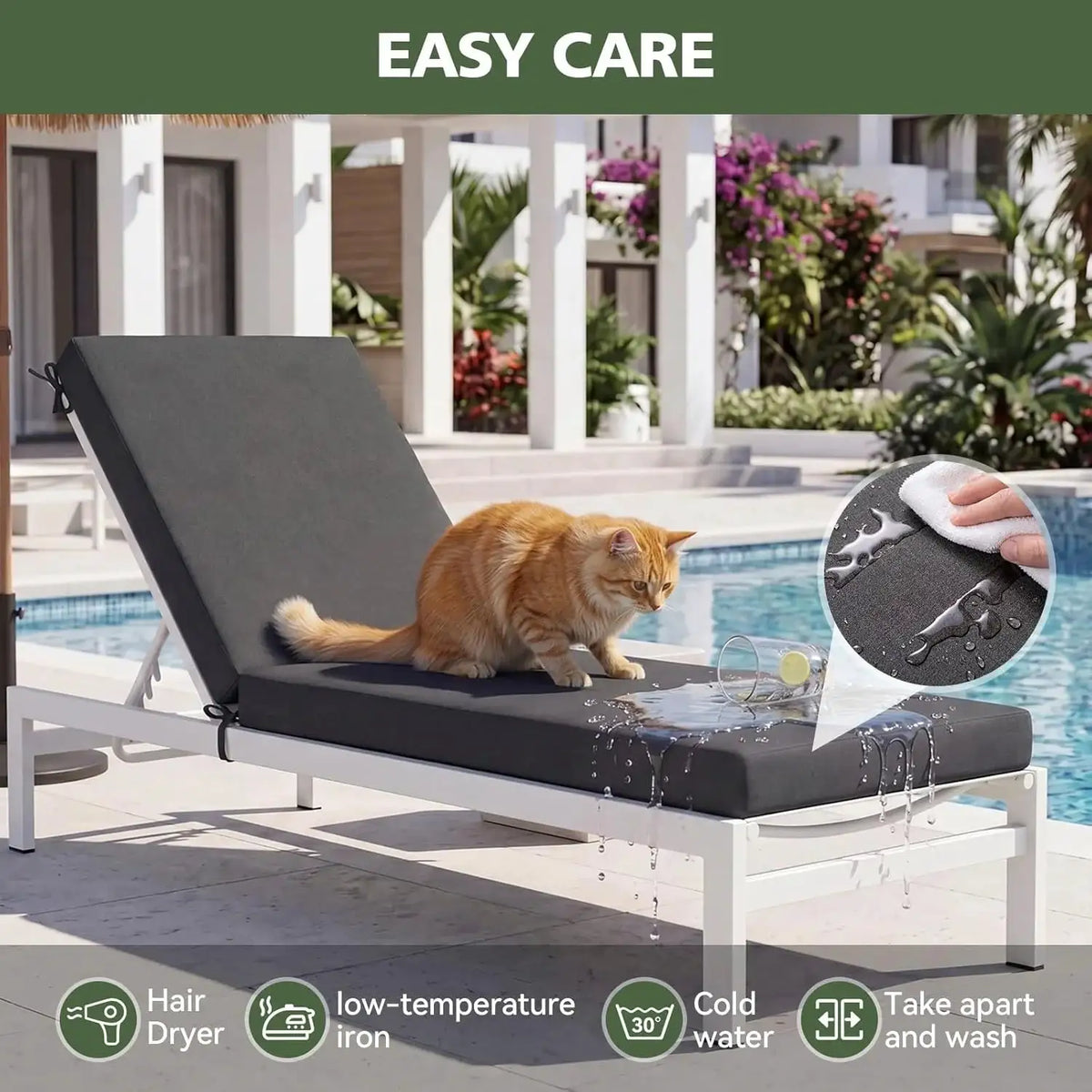 Aoxun Waterproof 72x21x3.5 Inch Chaise Lounge Cushion Set of 2 Patio Chair Replacement Pad with Removable Cover & 4 Ties Grey