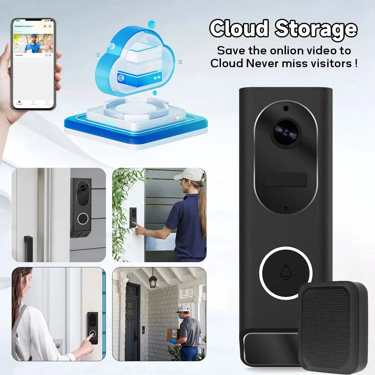 S7 Smart Video Doorbell Camera, 2.4GHz WiFi, AI Human Detection, Night Vision, Wide Angle Lens, Two-Way Audio, Cloud Storage, Indoor Chime Included