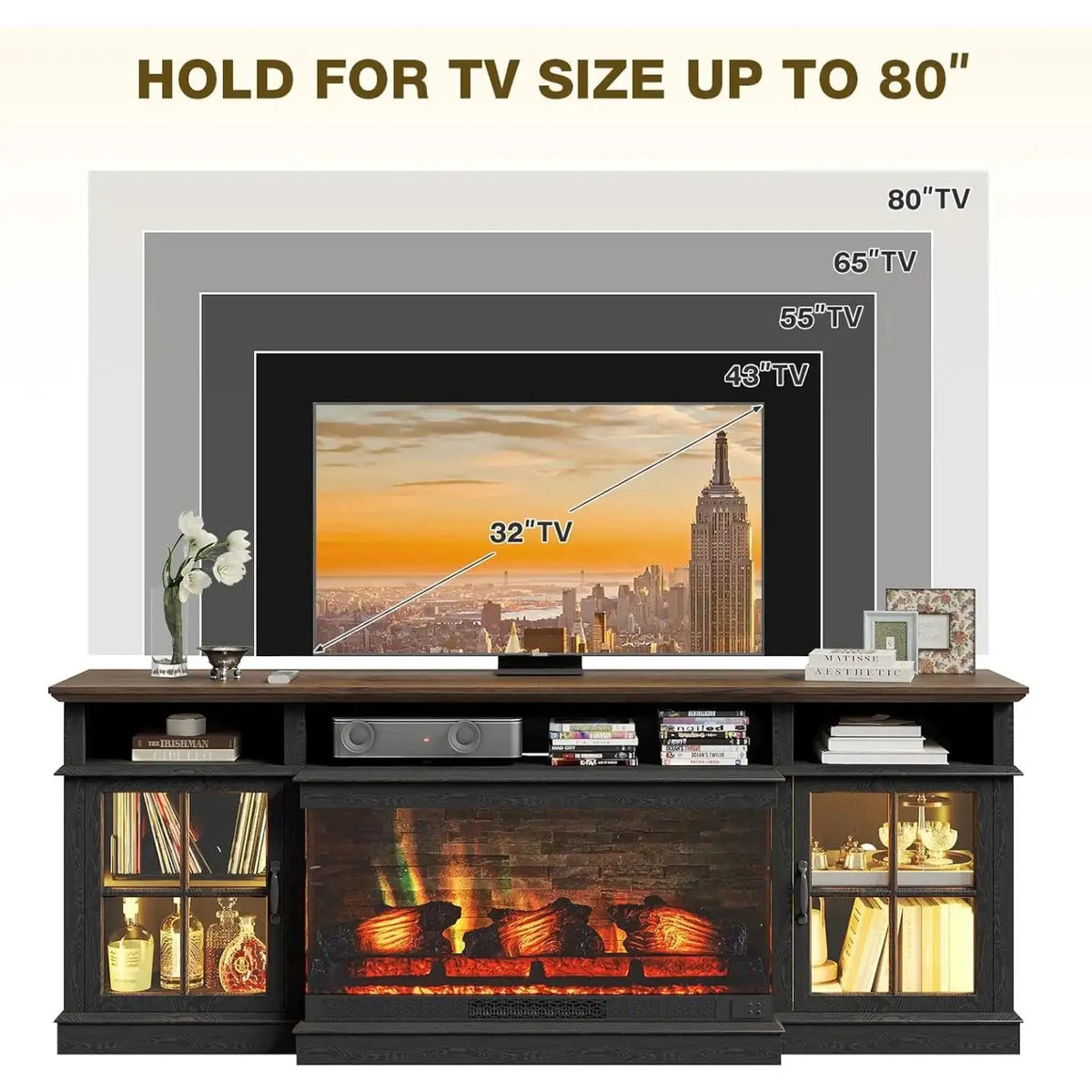 Aoxun 70 Inch Farmhouse TV Stand with Electric Fireplace Media Entertainment Center with LED Lights and Glass Door for Living Room Fits TVs up to 80 Inches Black