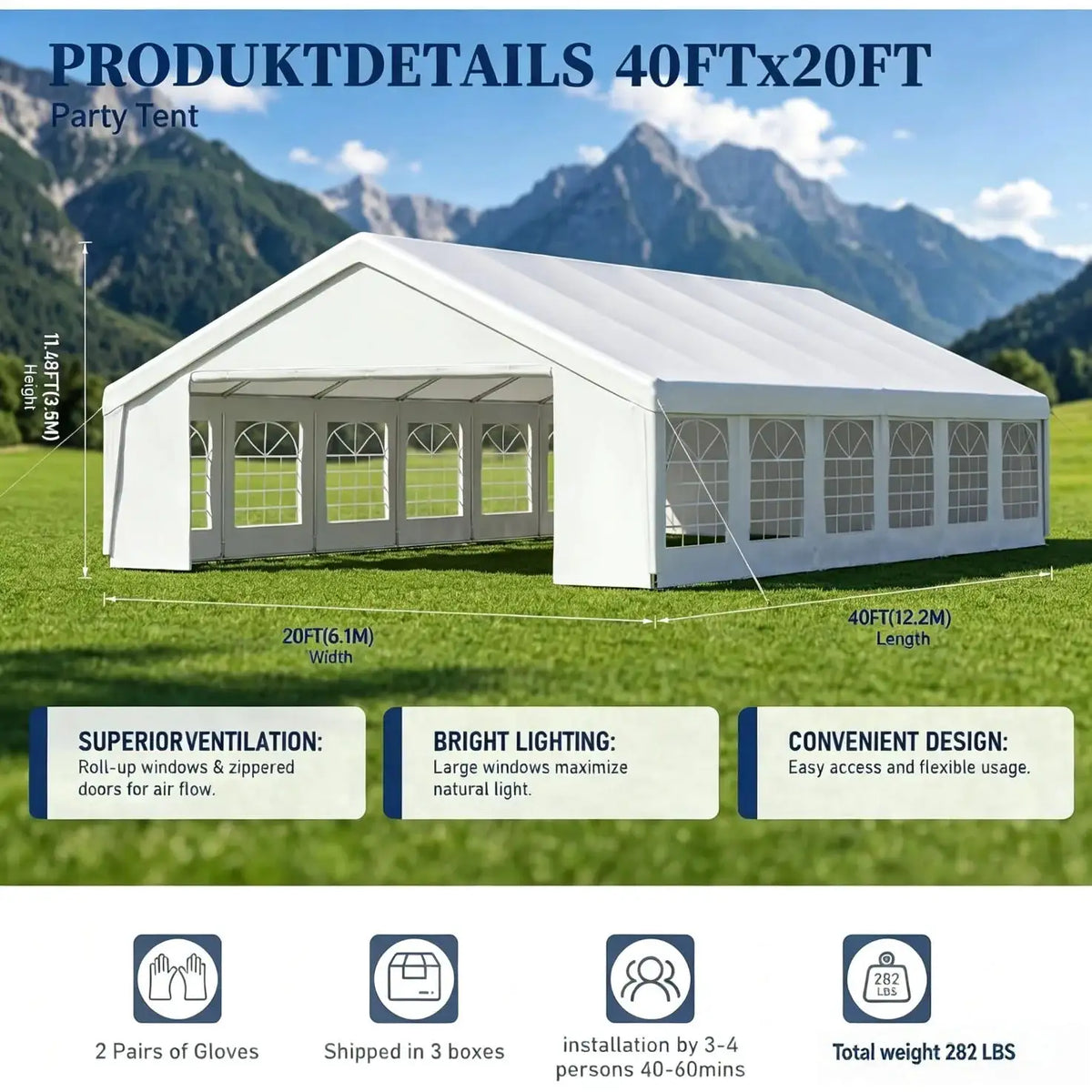 Nordivale 40x20ft Heavy Duty Party Tent with Removable Sidewalls, Waterproof Commercial Canopy for Wedding Outdoor BBQ Camping, White Event Tent
