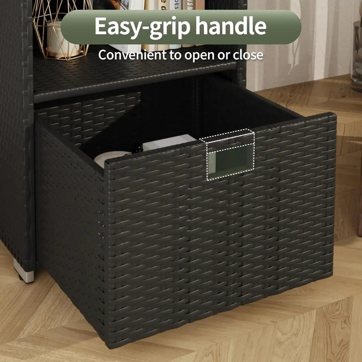 Aoxun Outdoor Towel Cabinet Pool Accessory Storage Organizer Freestanding Waterproof PE Rattan Wicker Shelf 2 Layer with 1 Bottom Drawer for Pool Patio Indoor Black