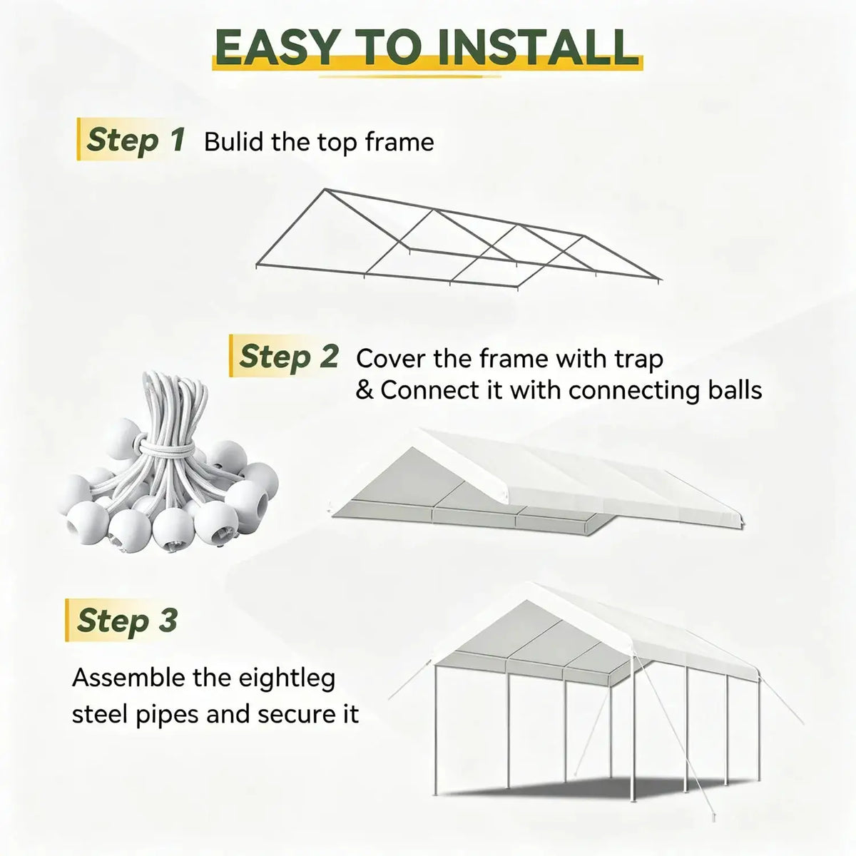 10x20FT Heavy Duty Carport Portable Garage Car Canopy Outdoor Car Tent for Cars Boats Trucks Steel Frame All Weather Protection Stakes Ropes Included White