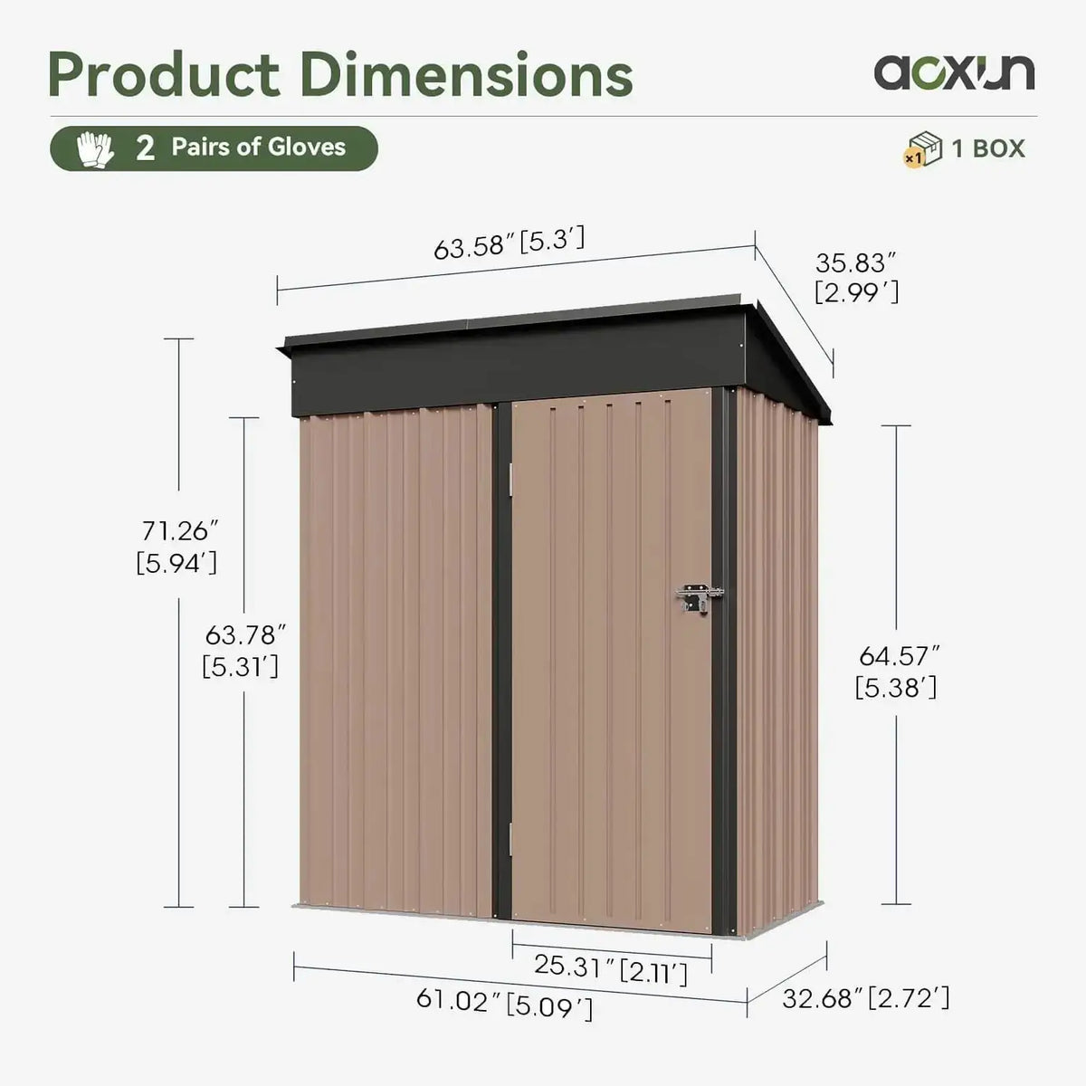 Aoxun 5x3ft Outdoor Metal Storage Shed Brown With Lockable Doors And Sloping Roof For Backyard Patio Poolside Garden Tools