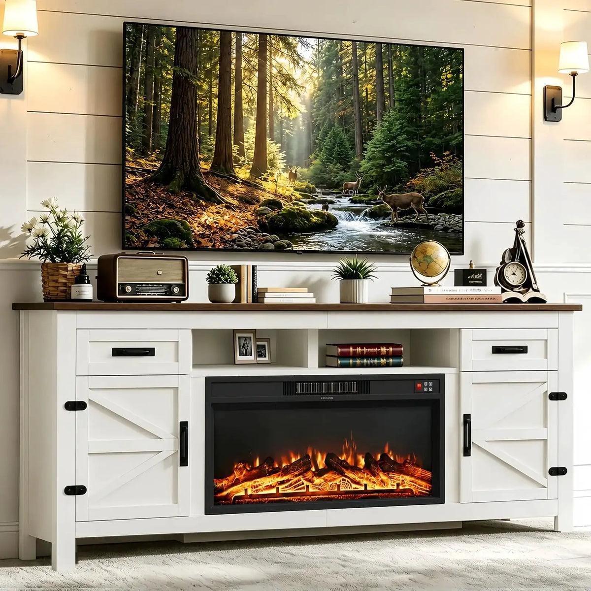 Aoxun 80 Inch Farmhouse TV Stand with Electric Fireplace and Barn Doors Media Entertainment Center with Storage Cabinets for Living Room Fits TVs up to 90 Inches White Stand with Black Fireplace