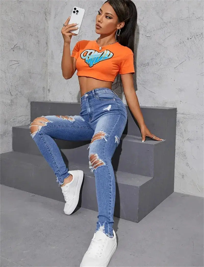 Women's Ripped Skinny Jeans High Stretch Denim Slim Fit