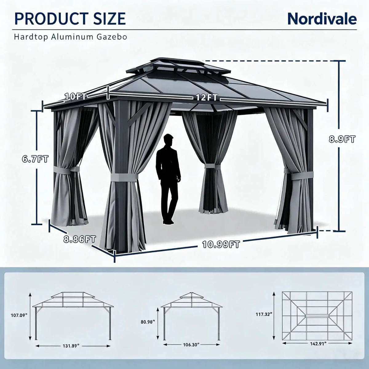 Nordivale 10x12FT Hardtop Gazebo Permanent Aluminum Frame Pavilion with Curtains and Netting Polycarbonate Double Roof Outdoor Canopy for Patio Garden Lawn