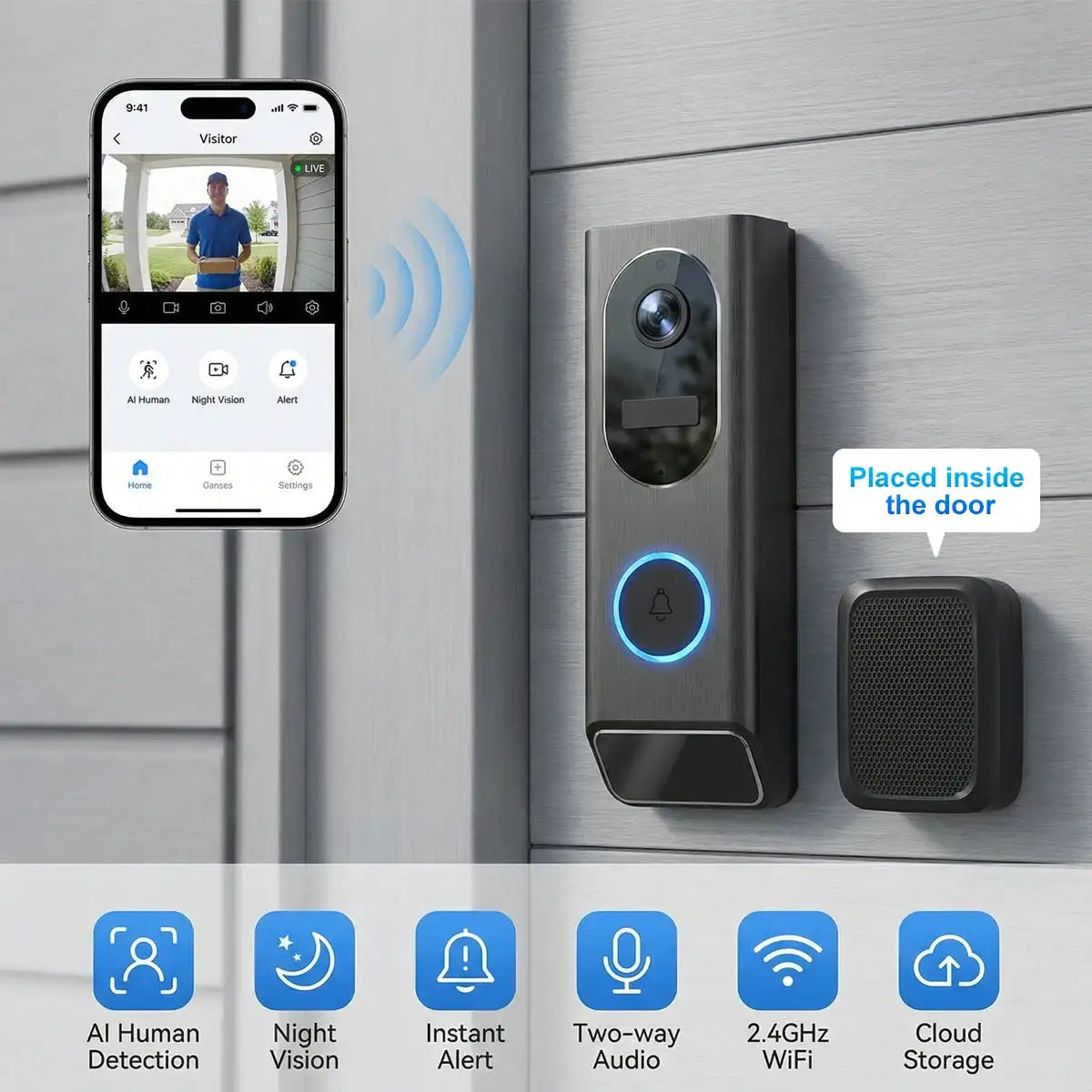 S7 Smart Video Doorbell Camera, 2.4GHz WiFi, AI Human Detection, Night Vision, Wide Angle Lens, Two-Way Audio, Cloud Storage, Indoor Chime Included