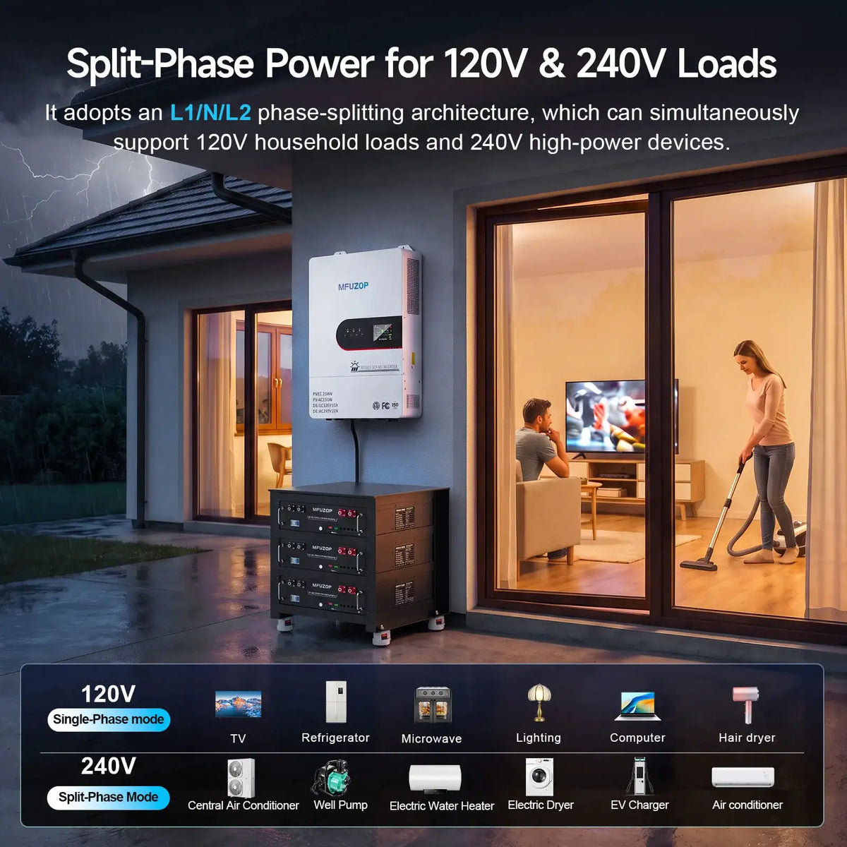 MFUZOP 48V 12000W Split Phase Hybrid Solar Inverter, 120V/240V Pure Sine Wave, Dual MPPT, 6500W X 2, RS485/RS232, Home Energy Storage & Emergency Backup, US Warehouse Fast Delivery
