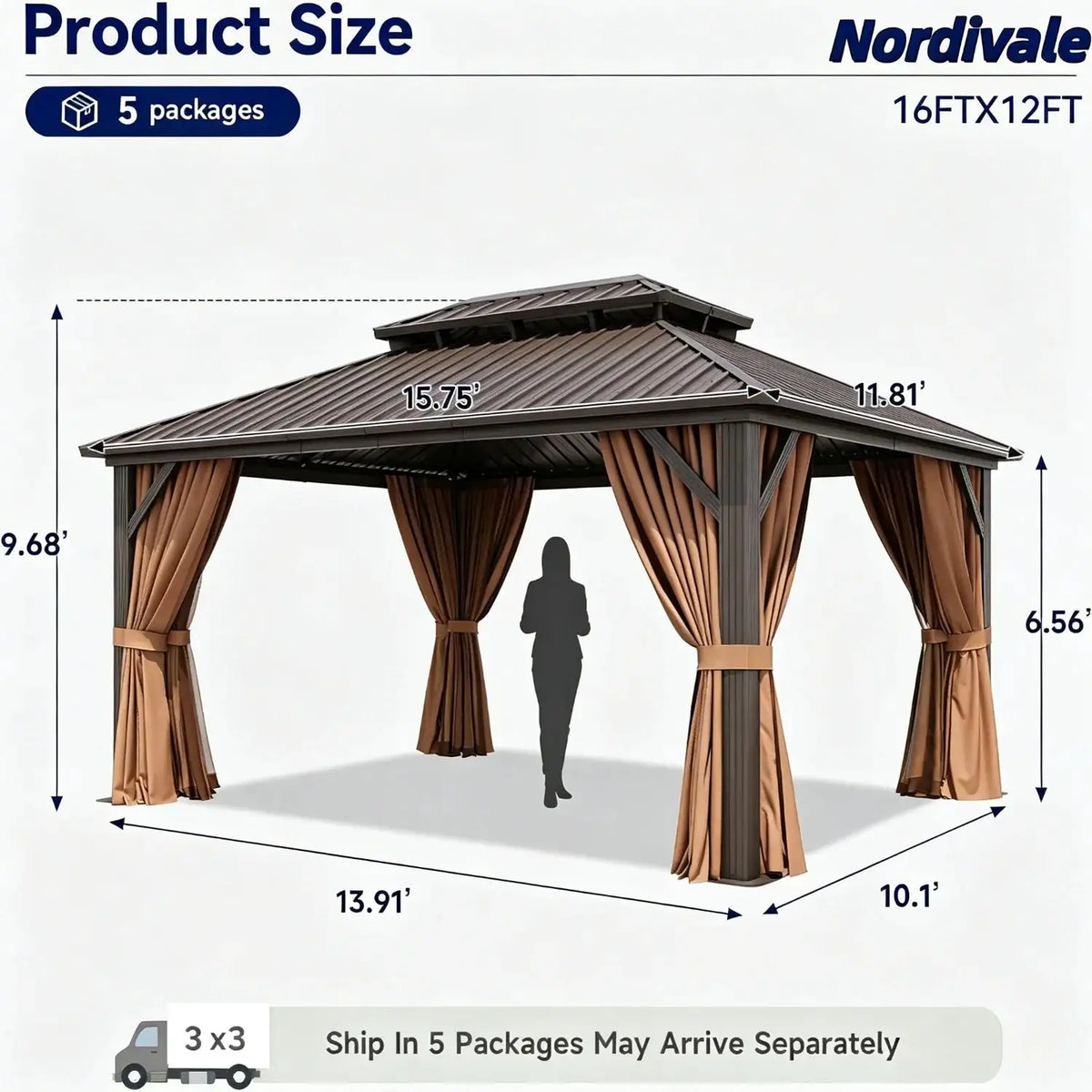Nordivale 12x16FT Hardtop Gazebo Metal Pavilion Double Galvanized Steel Roof with Netting Curtains for Lawn Garden Patio Brown