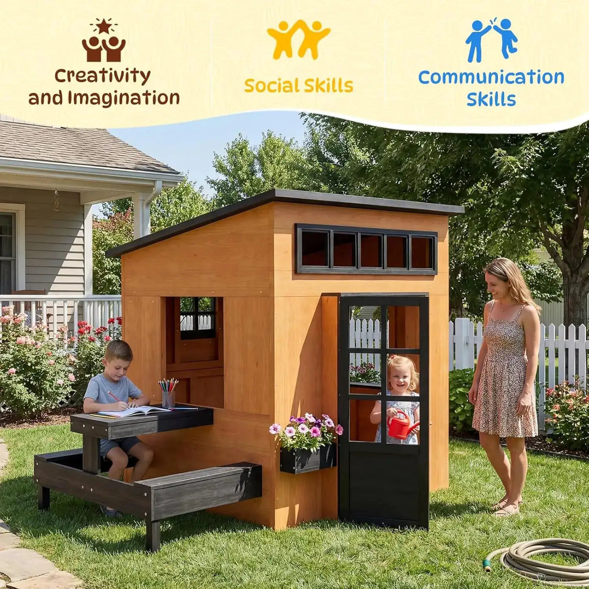 Nordivale Outdoor Playhouse Modern Fir Wood Kids Backyard Garden House with Play Kitchen Table Chalkboard Half Door Windows Flower Box Indoor Imaginative Pretend Play Toys for Boys Girls Ages 3-8