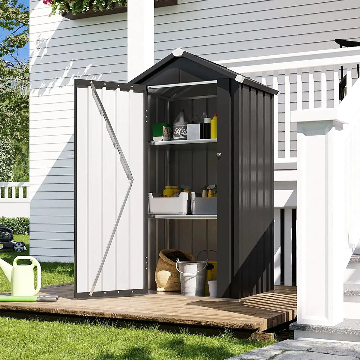 Aoxun Metal Garden Shed 3X2Ft With Base And 2 Adjustable Shelves Inclined Roof Weatherproof Lockable Door For Balcony Patio Garden Storage