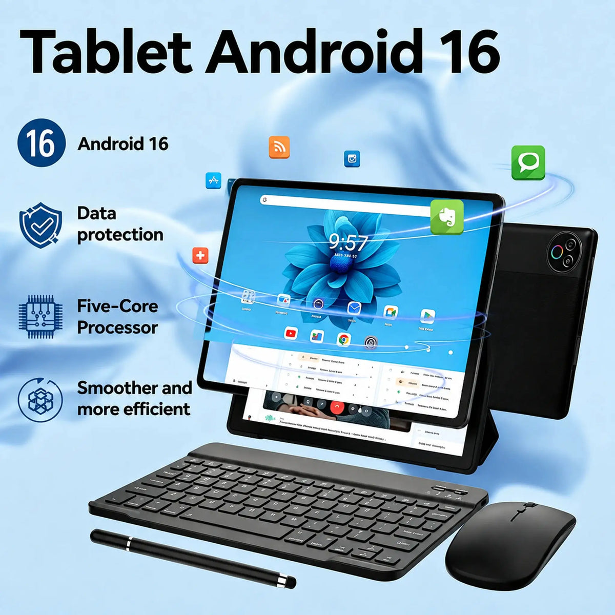 10.1 Inch Android 16 Tablet PC Set, Stylus Keyboard Mouse Headphone Included, 20GB (3+17 expansion) RAM, 64GB ROM, Five-core A333, WiFi6, Widevine L1, 6000mAh, Face Unlock, 5MP+8MP Dual Camera, 1280*800 HD IPS Touch Screen, 1