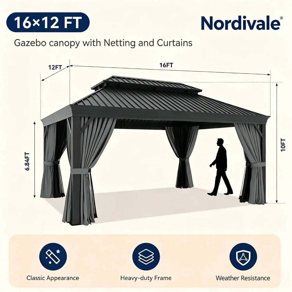 Nordivale 16x12FT Heavy Duty Outdoor Gazebo Hardtop with Gutter Drainage System Double Layer Galvanized Steel Roof Aluminum Frame with Curtains and Netting for Backyard Patio