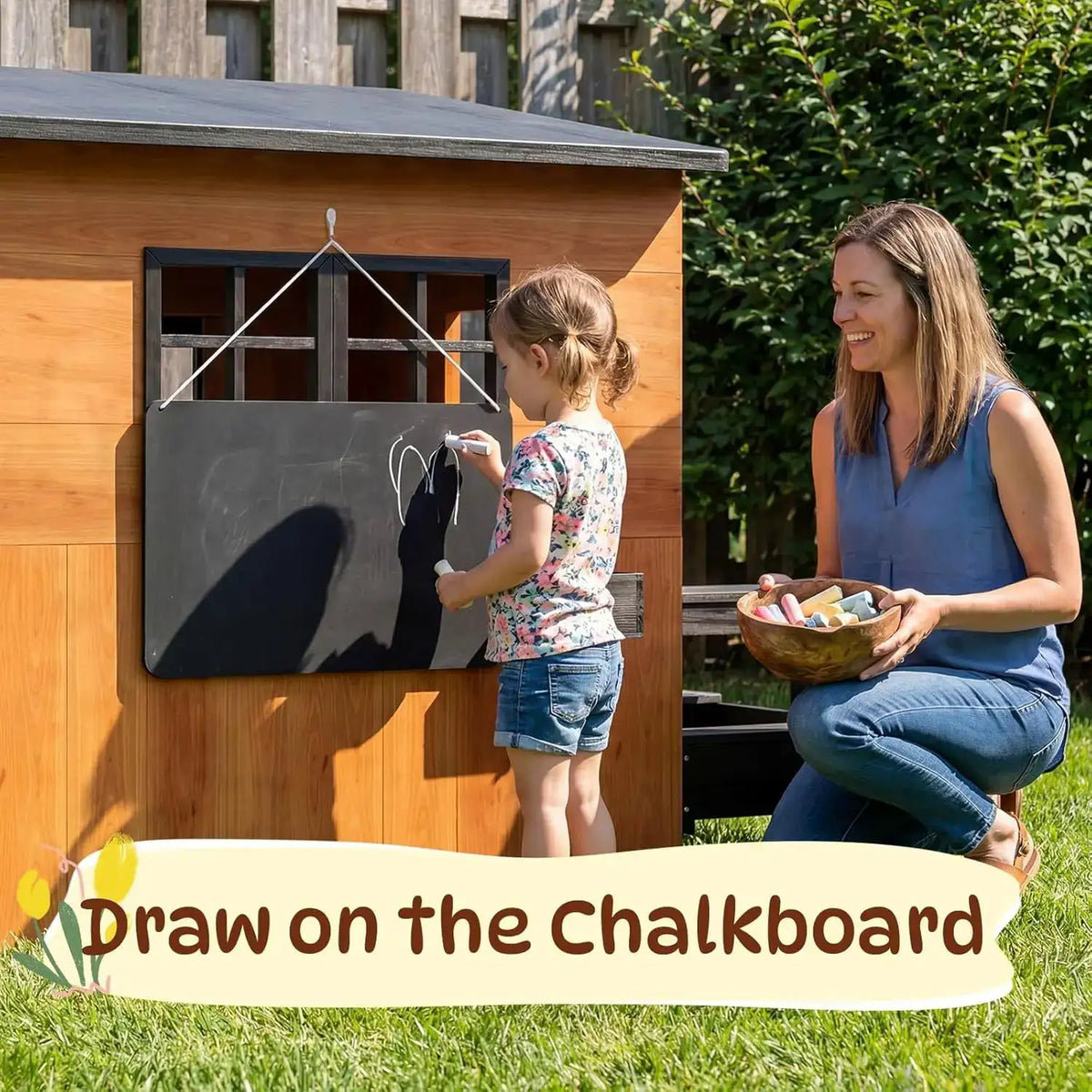 Nordivale Outdoor Playhouse Modern Fir Wood Kids Backyard Garden House with Play Kitchen Table Chalkboard Half Door Windows Flower Box Indoor Imaginative Pretend Play Toys for Boys Girls Ages 3-8