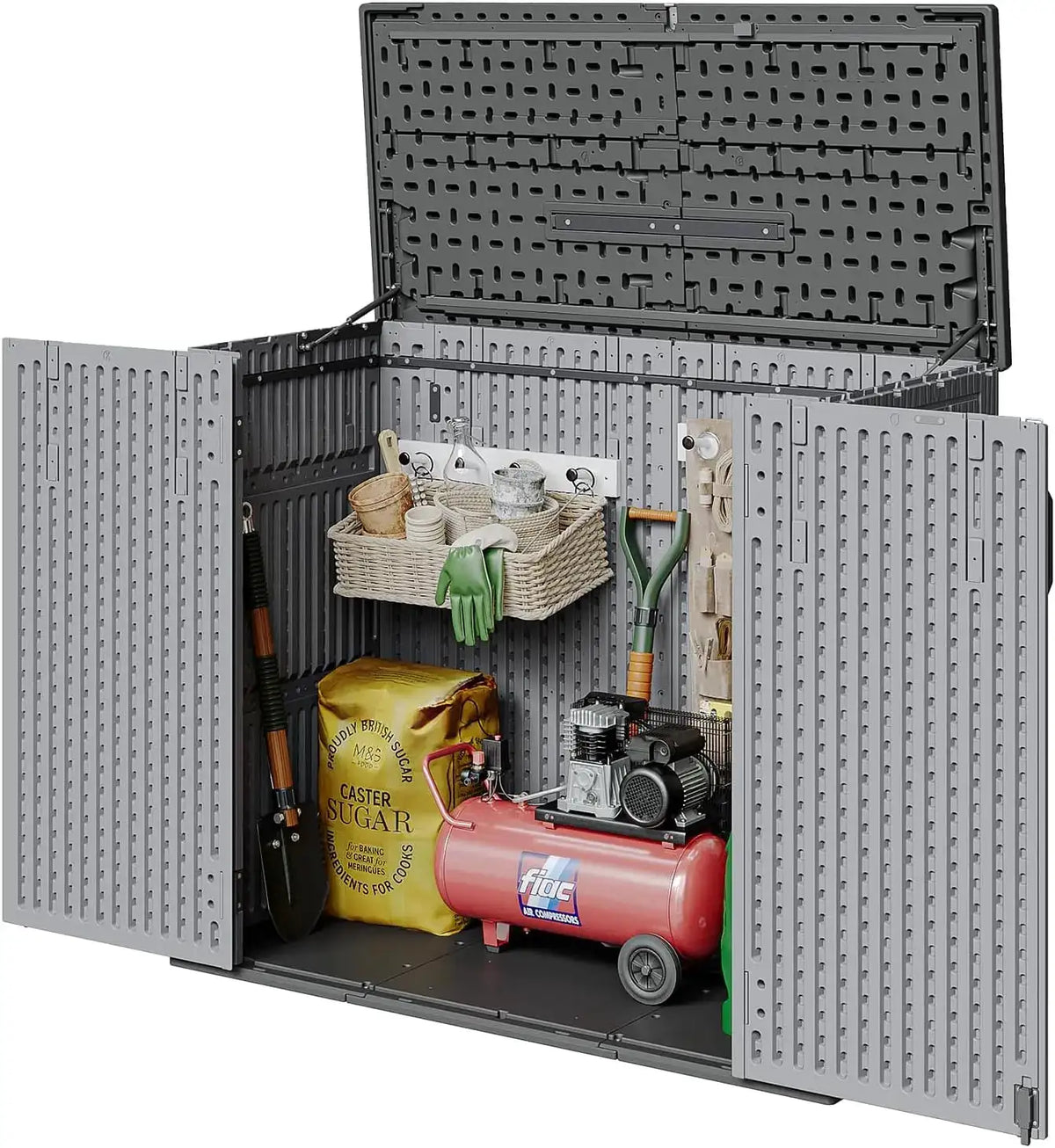 Aoxun 41 Cu Ft Garden Storage Box 5x2ft Waterproof Horizontal Resin Shed Outdoor Storage For Garbage Bin Generators Yard Gear Grey