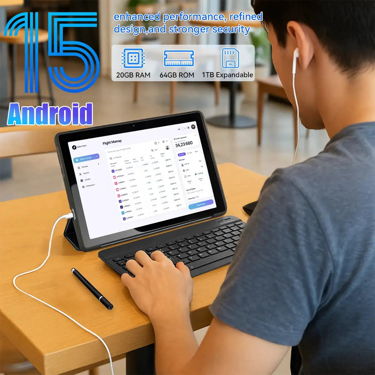 10.1 Inch Android15 Tablet Bundle Set Octa‑Core A523,20GB(3+17GB Virtual)RAM 64GB ROM 1TB Expandable,Widevine L1 IPS 16:10 Display WiFi6 Face ID Unlock 5000mAh Dual Speakers Full Kit with Keyboard Mouse Case Stylus Earbuds