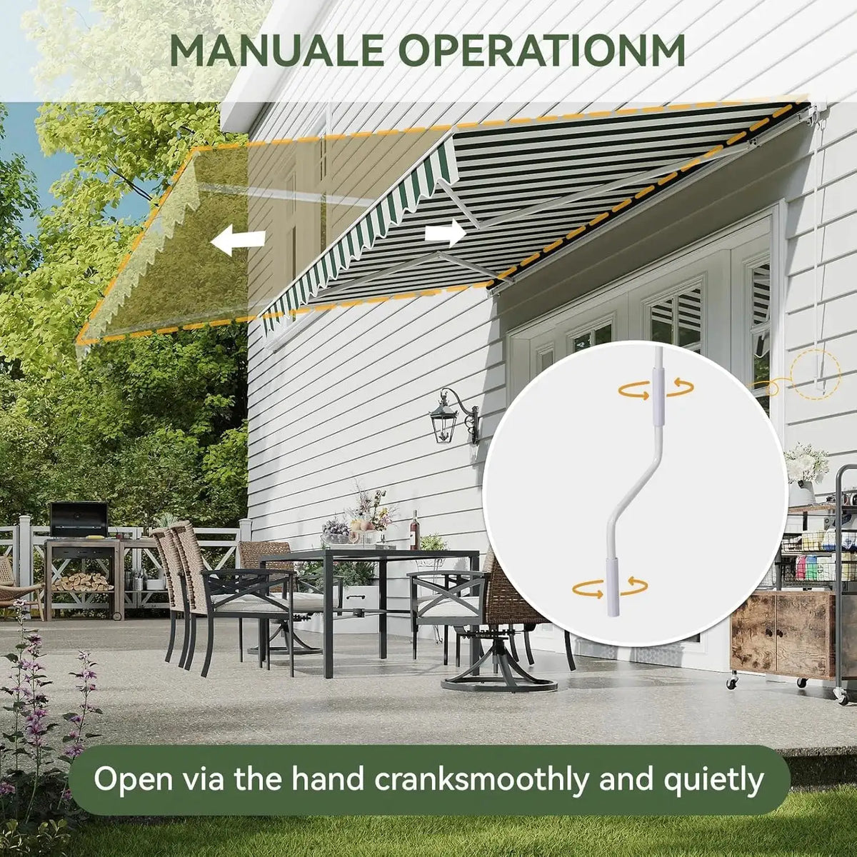 Nordivale 12x10FT Manual Retractable Awning Outdoor Patio Sun Shade Canopy Waterproof Polyester PA Coated Fabric with Crank Handle for Backyard Deck Window Green and White Striped