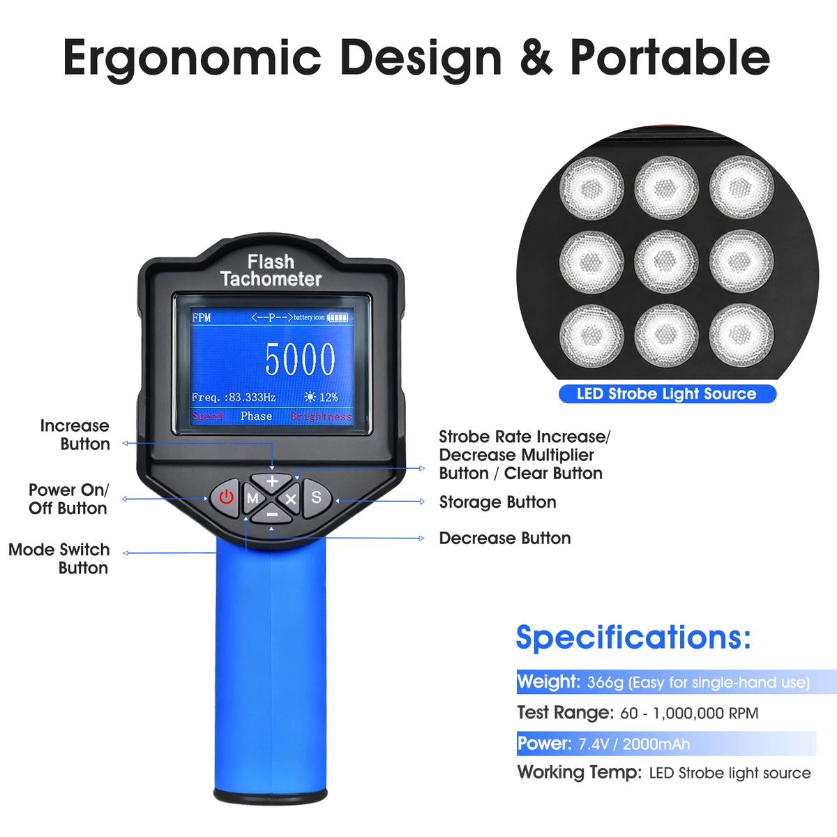 LED Stroboscope RPM Digital Strobe Tachometer Non-Contact Speed — product view 6