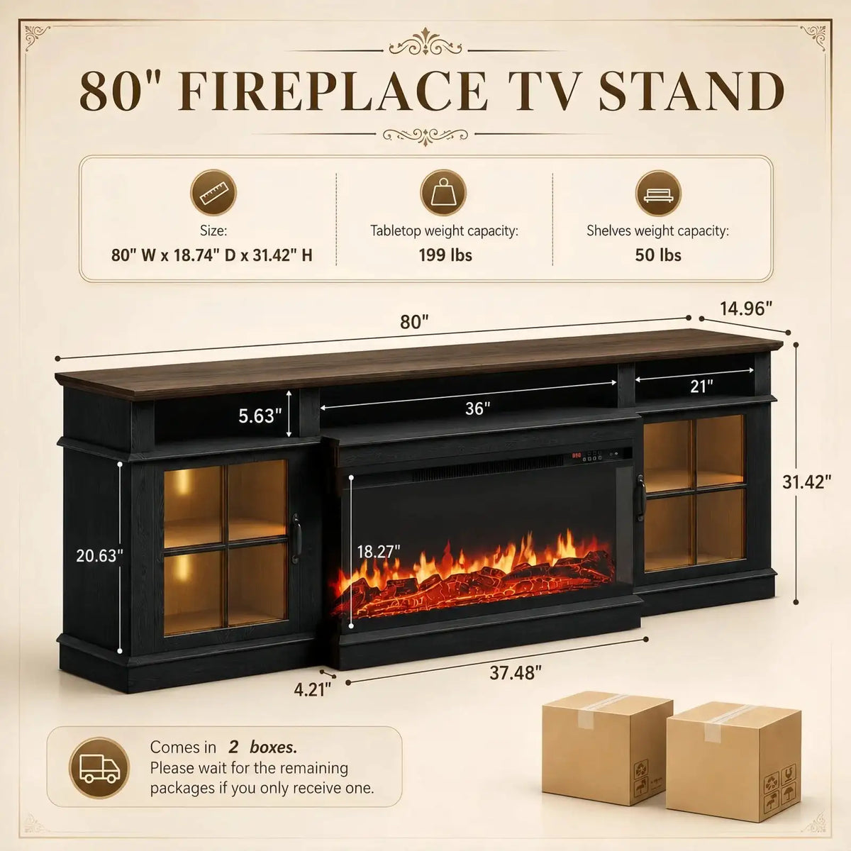 Aoxun 80" 3-Sided Glass Fireplace TV Stand, Modern Farmhouse Entertainment Center with Storage Cabinets, Large Media Console for Living Room Fits 90" TVs Black
