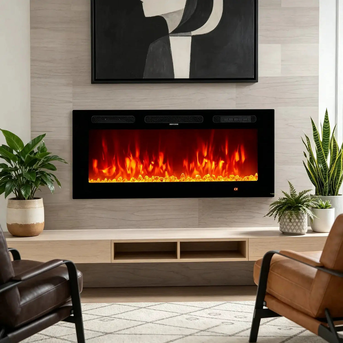 Electric Fireplace 36 Inch Wall Mounted Recessed, 12 Color LED Flame Heater with Remote Control Timer, 750/1500W Touch Screen Crystal Stone