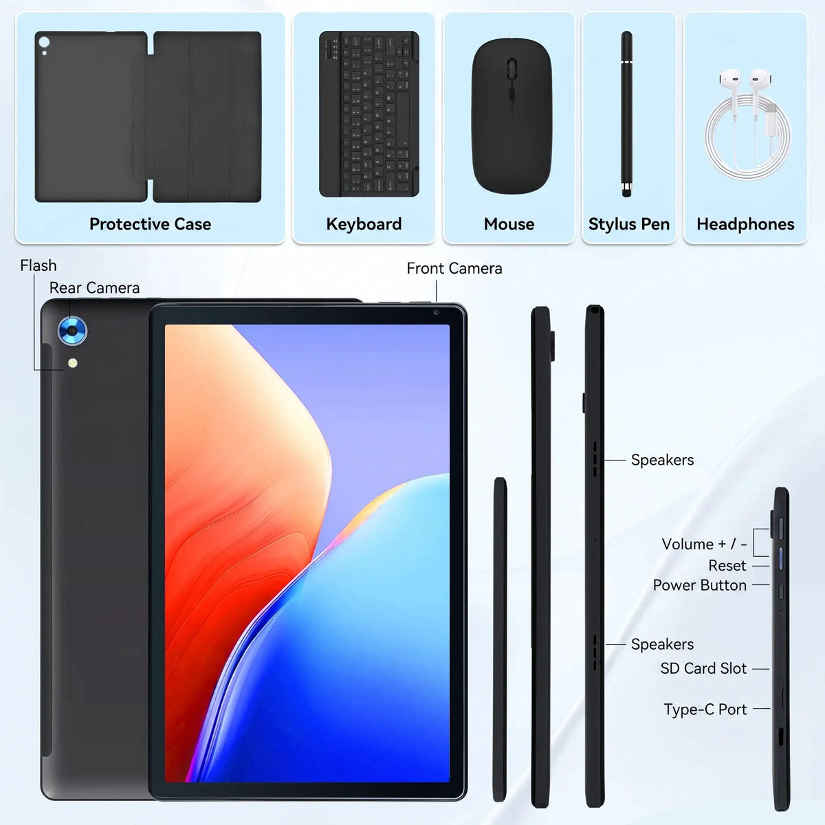 X108 10.1 Inch Full‑HD Tablet PC Android 16 Octa‑Core A537 30GB(6+24GB Virtual) 128GB ROM 1TB Expand Widevine L1 Gemini AI Assistant 3D Face Unlock 5MP+8MP Camera Complete Bundle With Keyboard Mouse Stylus Case Earphones