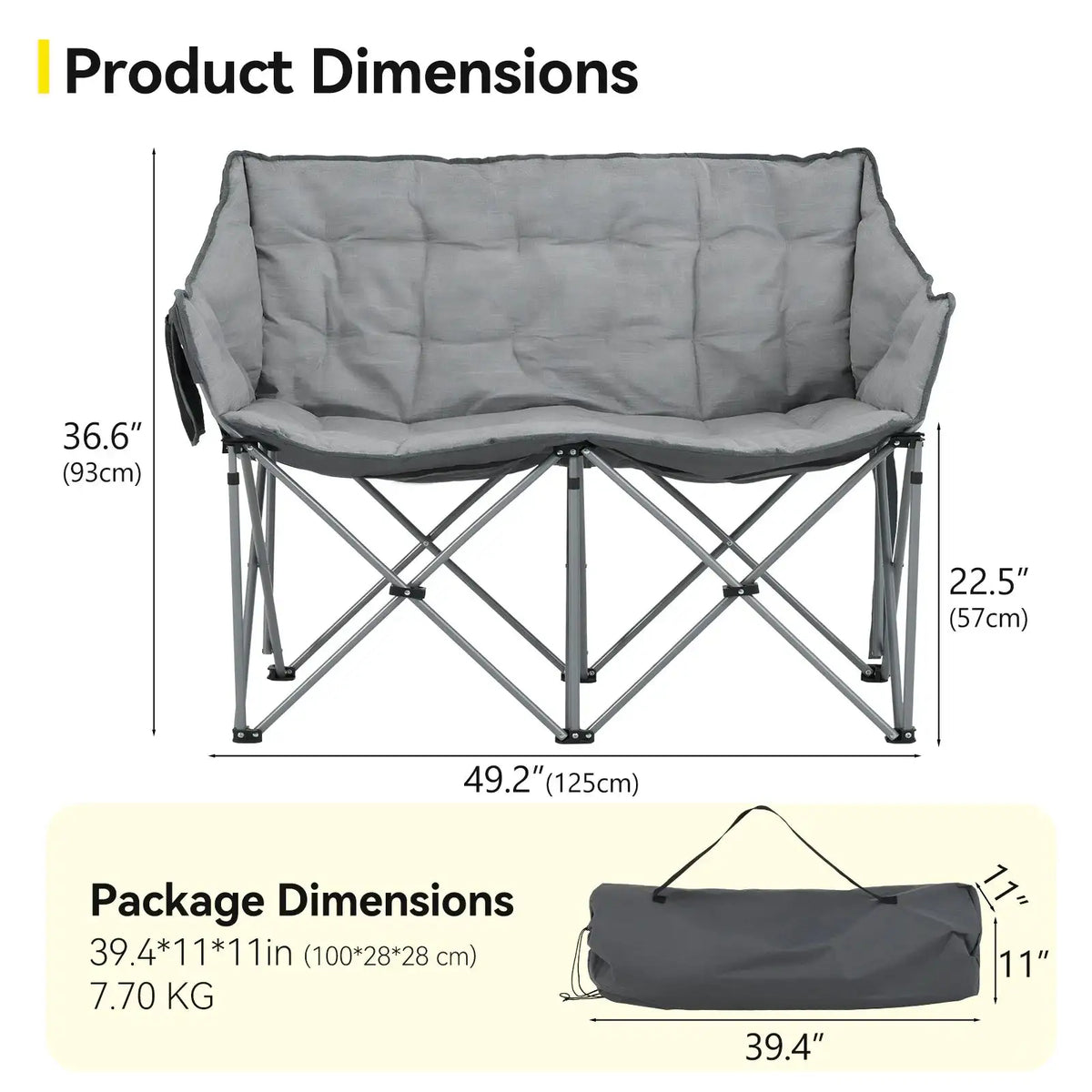 AOXUN Outdoor Double Folding Chair 220kg Heavy Duty Portable Camping Chair with Side Storage & 4cm Padded Seat, Quick Setup Beach Picnic Chair with Carry Bag