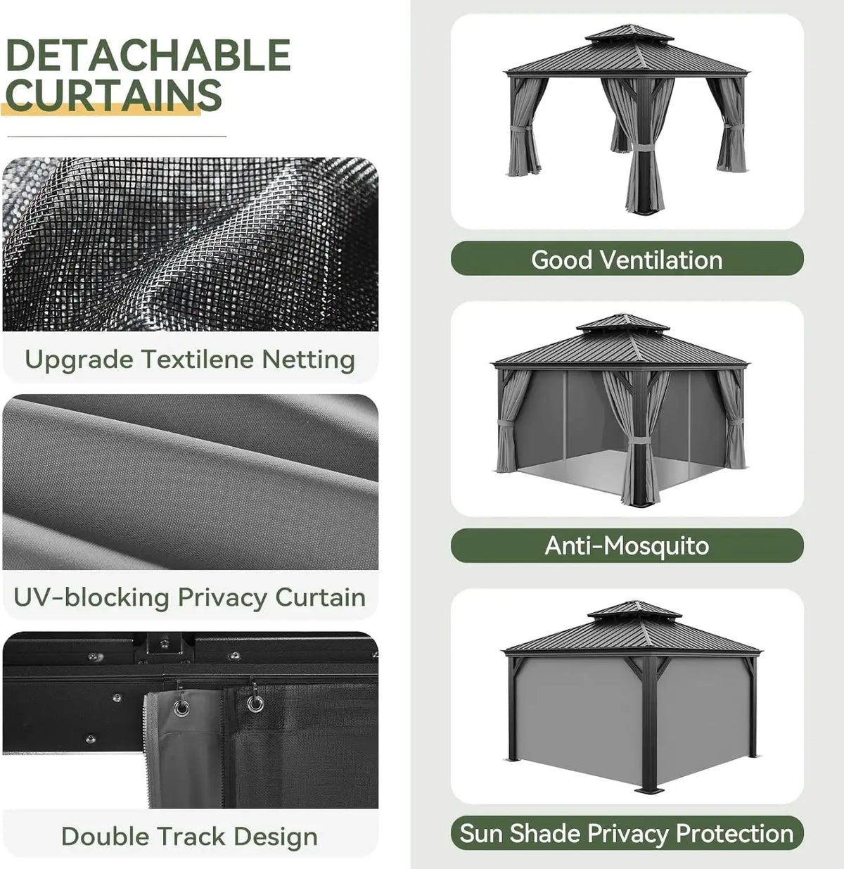 Nordivale 14x10FT Permanent Metal Gazebo Hardtop Aluminum Frame Double Top Galvanized Steel Roof with Gutter Drainage Curtains and Netting for Outdoor Party Garden