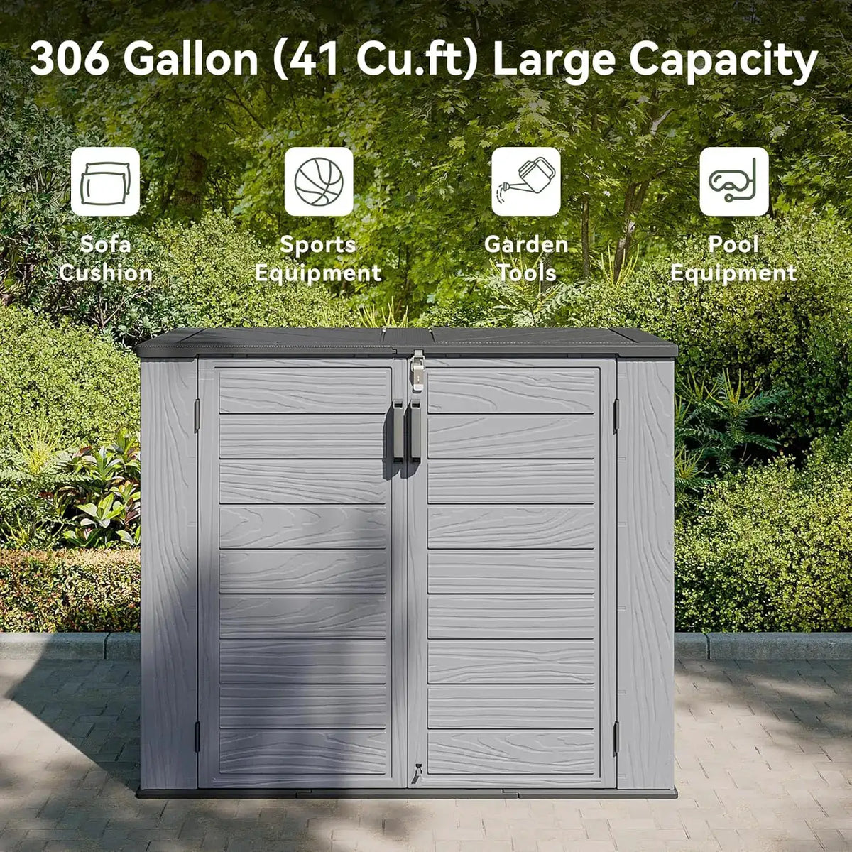 Aoxun 41 Cu Ft Garden Storage Box 5x2ft Waterproof Horizontal Resin Shed Outdoor Storage For Garbage Bin Generators Yard Gear Grey