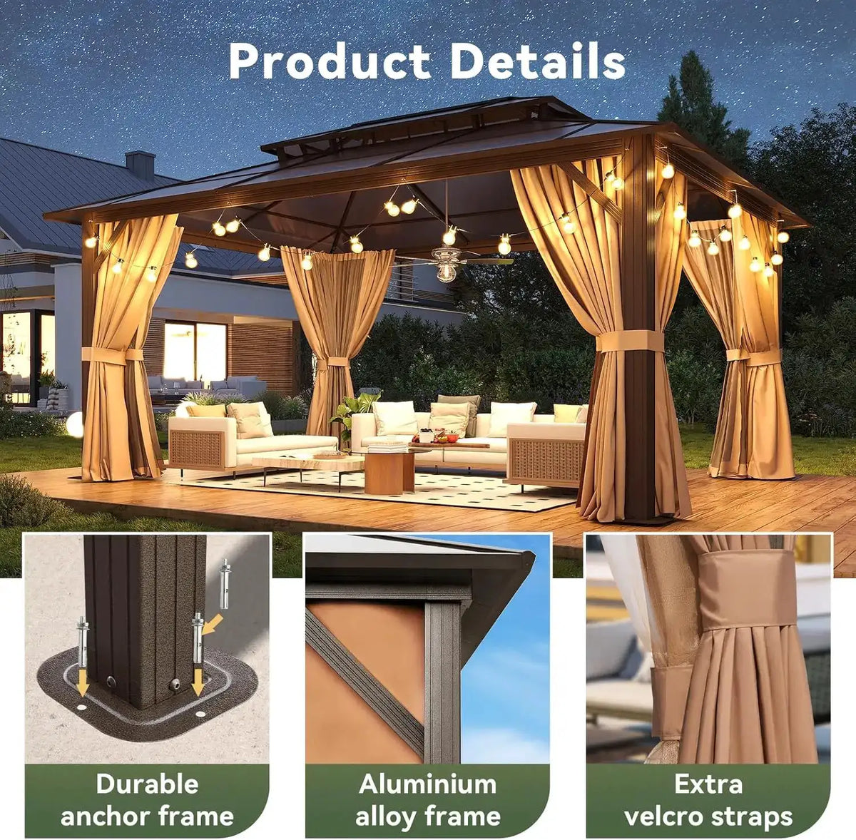 Nordivale 12x16FT Hardtop Gazebo with Double Polycarbonate Roof Khaki Metal Outdoor Gazebo with Mosquito Netting&Privacy Curtains for Garden Patio Backyard