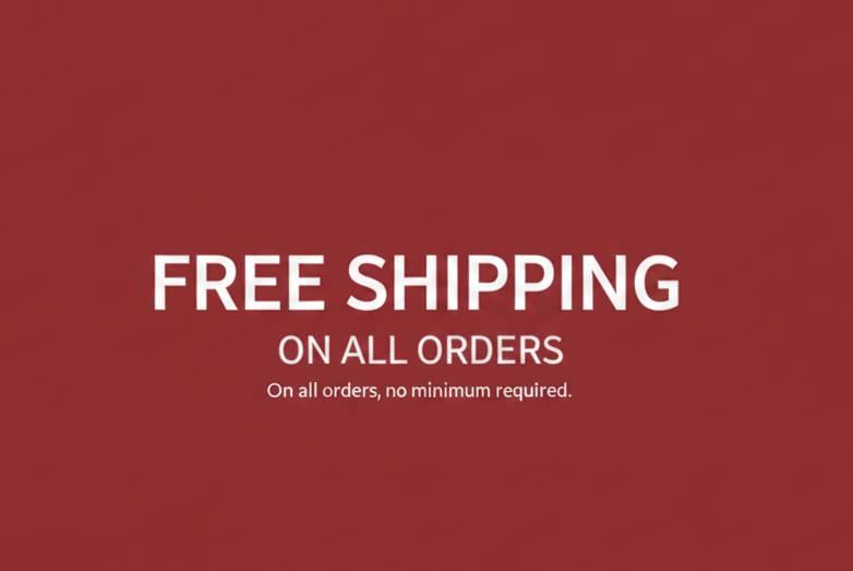 A solid dark red promotional banner with white text reading 'FREE SHIPPING ON ALL ORDERS' and smaller text below, with no product shown.
