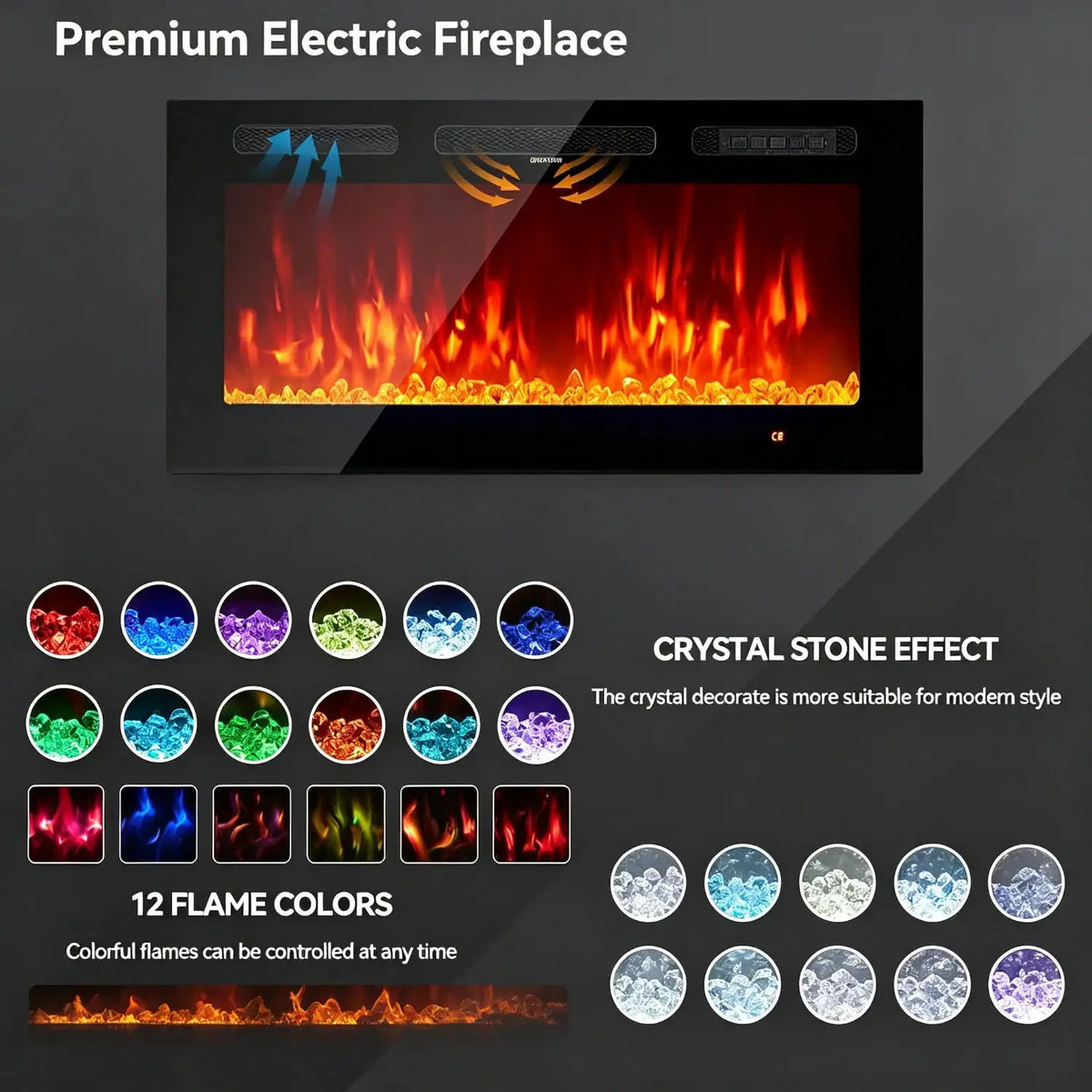 Electric Fireplace 36 Inch Wall Mounted Recessed, 12 Color LED Flame Heater with Remote Control Timer, 750/1500W Touch Screen Crystal Stone