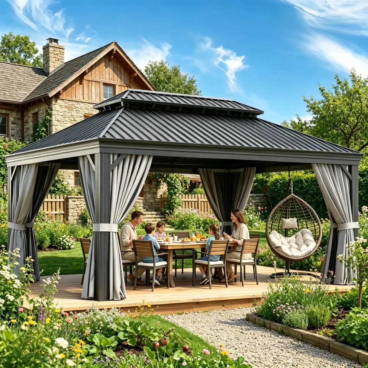 Nordivale12x16FT Hardtop Gazebo With Drainage System Aluminum Outdoor Gazebo With Galvanized Steel Double Roof Patio Permanent Metal Pavilion With Netting For Garden Deckyard Grey