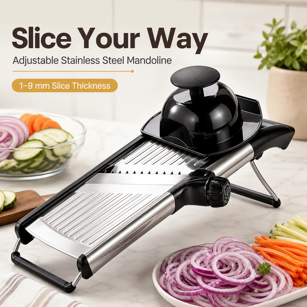 Adjustable Mandoline Slicer with Food Holder, Stainless Steel — product view 1