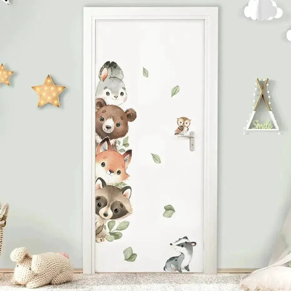 Forest Animals Cartoon Door Sticker Watercolor Decor Kids