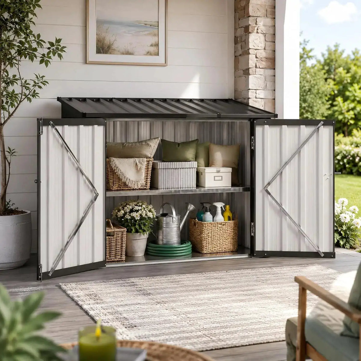 Nordivale 4x2FT Outdoor Storage Cabinet 20 Cu Ft Metal Storage Shed All Weather Tool Storage Box Hydraulic Lid Lockable Doors Patio Garden Garage Black