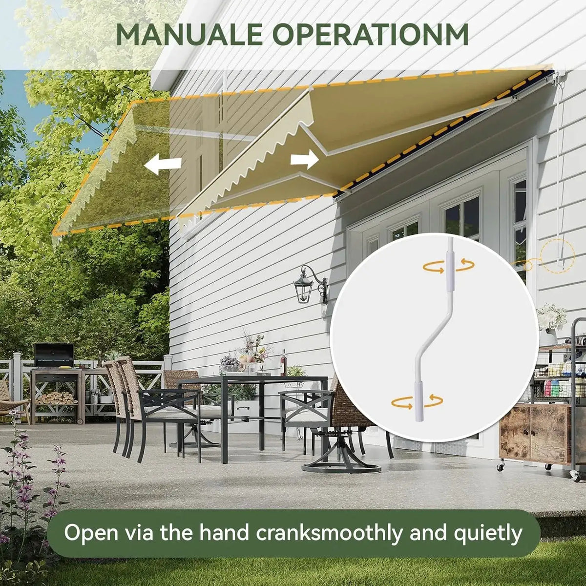 Nordivale 12x10 FT Manual Retractable Awning Outdoor Patio Sun Shade Canopy Waterproof Polyester PA Coated Fabric with Crank Handle for Backyard Deck Window Beige