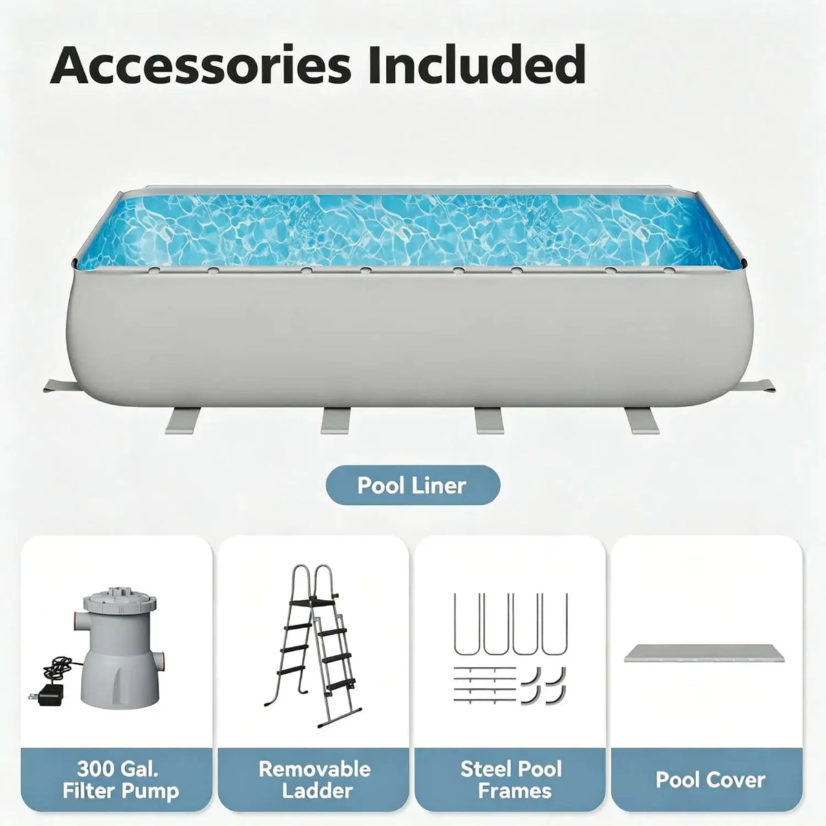 18x9x47in Above Ground Pool With Ladder And Filter Pump Rectangular Large Swimming Pool For Backyard Removable Ladder 300GPH Gray